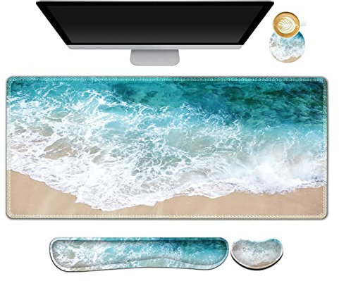 ARTSO Ensemble de tapis de souris de jeu étendu, repose-poignet pour clavier + coussin de poignet + grand tapis de souris XXL + sous-verre, bord cousu, antidérapant, tapis de bureau en mousse à