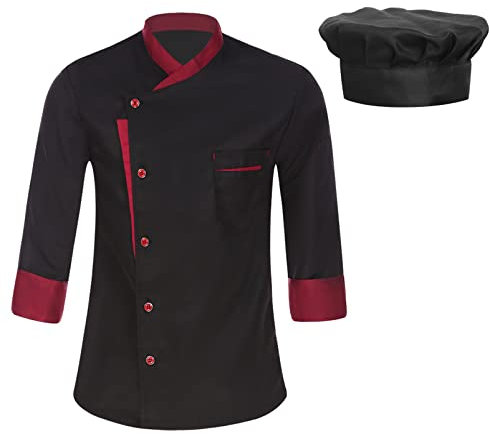 Alvivi Unisex Kochjacke Herren Damen Koch Kostüm Chef Jacke Mantel mit Kochmütze Chef Mantel Uniform Küche Restaurant Gastronomie Berufsbekleidung A Schwarz XL