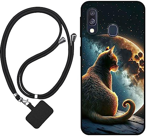 Sunrive Hülle Kompatibel mit Samsung Galaxy A40 Case,matt Handyhülle Schutzhülle Etui Karikatur Muster TPU Backcover (Mond,Sterne,Katze) +1x Universale Handykette