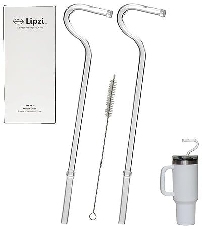 Lipzi - Anti Wrinkle Straw - Glass anti-wrinkle drinking straws for 40oz Tumbler, Clear Reusable Straws with Cleaning Brush - Eco-Friendly Alternative to Plastic - Cleaning Brush Included - 2 Pack