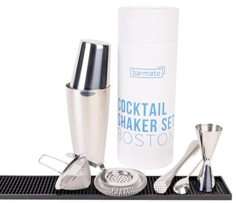 barmate Edelstahl Cocktail Shaker Set Boston, 7-teilig bestehend aus Shaker, Jigger, Barlöffel, grobes Sieb, feines Sieb, Muddler und Barmatte