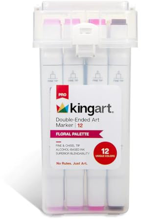 KINGART 424-12C PRO Double-Ended Alcohol Ink Art Markers, 12 BRIGHT FLORAL Colors, Fine Point & Chisel Tips, Permanent with Superior Blendability, Includes Plastic Case, 12 Pc.