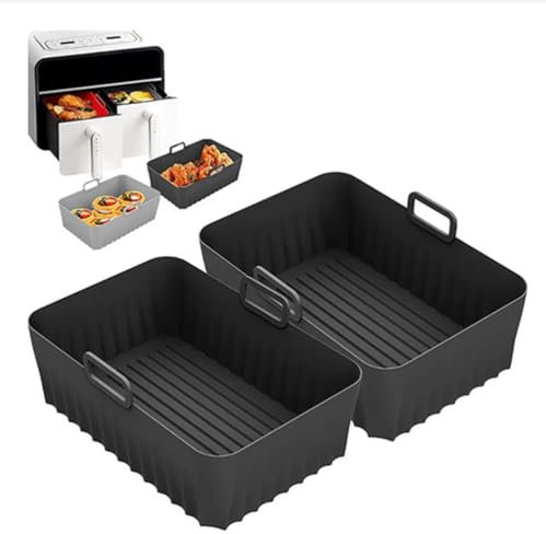 2PCS Air Fryer Silicone Pot Dish Dual 2 Basket Reusable Liner for Ninja & Salter Dual Air Fryer Accessories Oven and Microwave Compatible (Black)