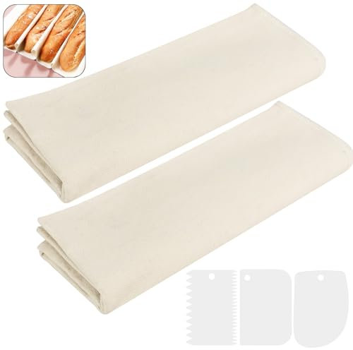 Vepepe 2 Piezas Tela Lino para Masa Pan con Raspador de Masa de Plástico, Fermentada Tela Lino 36×48cm & 45×75cm, Natural Fermentada para la Preparación la y el Horneado