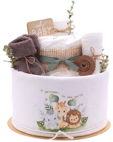 Trend Mama® | Musselin Windeltorte | 27 Windeln (Gr.2), Musselintuch, Baby Lätzchen, Babysocken | Baby Party Geschenk (Welcome to the World | Jungle)