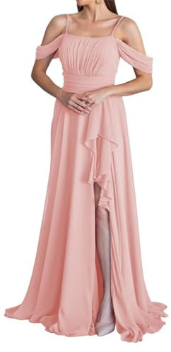 Robes de demoiselle d'honneur pour femme avec volants et épaules dénudées - Robe de soirée - Rose pâle - Taille 42