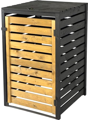 dobar® Green Label Cache-poubelles 1 pièce 120 l en Bois Marron/Noir en kit – Cache-poubelles avec Couvercle et Porte battante Bicolore – 67 x 64 x 94 cm
