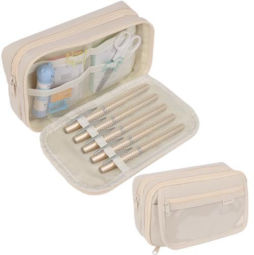 OWill Aesthetic Pencil Case for Girls Boys Women Kids Students, Cute Large Pencil Case with 4 Compartments Big Capacity Pencil Bag Pen Bag Pencil Pouch School Office Desk Stationery Organizer(Beige)