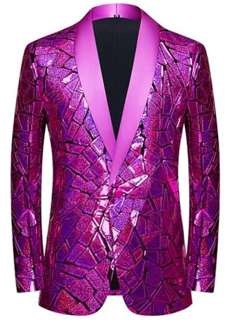 OWEIEYEU Lussuoso Laser Paillettes Blazer Uomo Un Bottoni Scialle Risvolto Blazer Formale Partito Stage Dance Costume, Viola, L