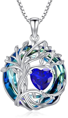 TOUPOP Tree of Life Sapphire Necklace 925 Sterling Silver September Birthstone Heart Pendant Necklaces Irish Family Jewellery Gifts for Women Her Mum Wife Anniversary Birthday Gift Ideas