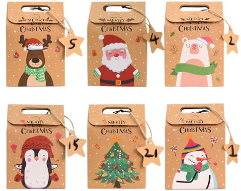 HERZONE Adventskalender zum Befüllen 24 Adventskalender Schachteln Schöner Geschenkbeutel Weihnachtsmotive Adventskalender Boxen (Color 6type)