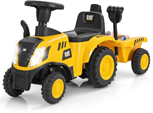 COSTWAY Caterpillar Porteur Tracteur Enfants avec Remorque Amovible & Pelle & Râteau, Voiture Enfants à 6 Pneus avec Lumière LED & Musique & Klaxon, Charge 25kg pour Enfants de 1,5-3 Ans