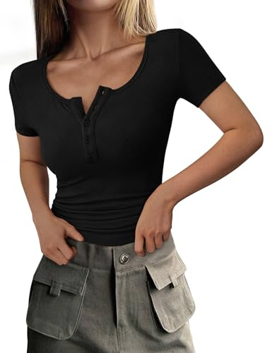 PRETTYGARDEN Womens 2026 Summer Short Sleeve Tops Ribbed Henley Button Slim Fit Basic Casual T Shirts Blouse Fashion Clothing (Black,Large)