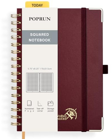 POPRUN Spiral Notebook A5, Taccuino a Quadretti con 141 Pagine Numerate, Quaderno con Etichette Autoadesive e 8 Fogli Staccabili, Carta Spessa 120 GSM, Borgogna Scuro (BY)