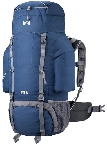 Trail Tatra Hiking Backpack, 85L, Navy Blue | Breathable Height-Adjustable Back System, Hip/Chest Straps, Multi Pocket Storage, Bungee Cords, USB Port, Walking Pole Straps