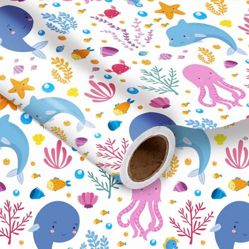 LeZakaa Ozean-Geschenkpapierrolle für Jungen, Mädchen, Kinder, Delfine, Quallen, Seetang, Meeresbewohner, Unterwasser-Design, für Geburtstag, Babyparty, Urlaubsparty, Mini-Rolle, 43,2 cm x 5,2 m