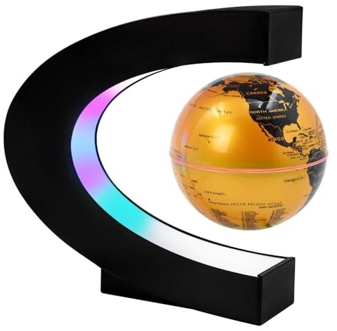 Surplex Leuchtende Schwebende Weltkugel mit 7 Farblichtern, C-förmiger, Automatisch Rotierender Globus, Magnetfeld-Schwebe-Weltkarte, Pädagogisch, Heim-/Büro-Schreibtischdekoration, Golden