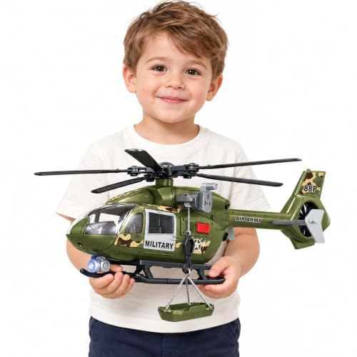 XUEXUE Green Military Toy with Large Helicopter, Military Toy with Lights and Sounds, Birthday Gift for Boys and Girls Aged 3, 4, 5, 6 Years