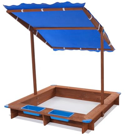 Holzsandkasten mit Schwenkbarem Höhenverstellbarem Dach, Sandkiste für Kinder Outdoor Spielhaus (Blau)