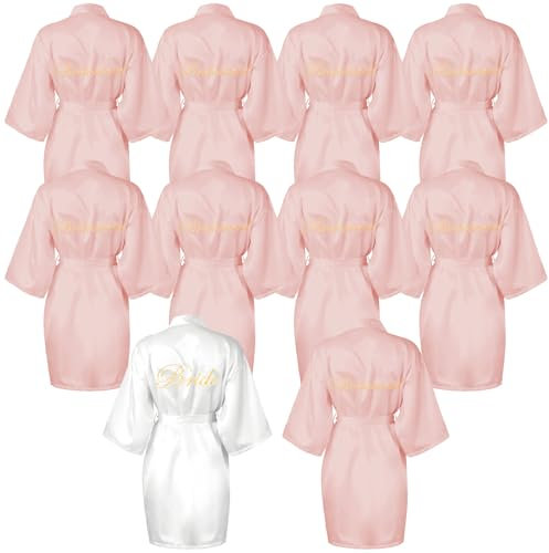 Lot de 10 robes de mariée en satin pour demoiselle d'honneur, robe kimono pour fête de mariage, fête prénuptiale, Blanc/rose clair, L-XL