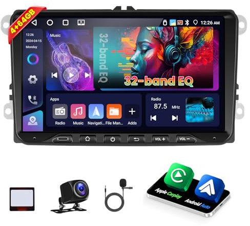 [4G+64G Android 15]Inefala Radio para VW Golf Passat Tiguan Polo Caddy Skoda Seat Touran, Wireless CarPlay Android Auto, 9 Pantalla Radio Coche Bluetooth 2 Din con GPS WiFi RDS/FM Cámara Trasera Mic