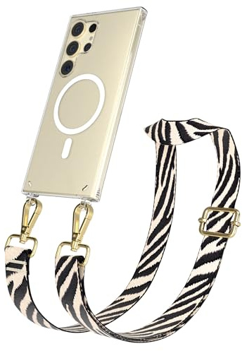 EAZY CASE Handykette - Verstellbares Taschenband kompatibel mit Galaxy S24 Ultra, Schulterriemen, Handykordel Silikon Hülle, Qi Charging kompatibel, Umhängetasche, Zebra - Schwarz Beige Metall Gold