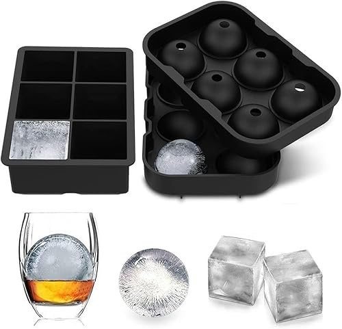 Frost Wave Set of 2 Black Round+Square Large Silicone Ice Cube Tray, Reusable Ice Tray, BPA Safe Large Ice Cube Moulds, Suitable for Baby Food Storage Containers, Chocolate, Jelly, Cocktails, Whiskey