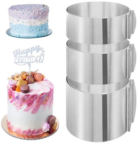 3-teiliges verstellbares Tortenring Set, 6cm, 8cm, 15cm hoch, Edelstahl verstellbarer Kuchenring mit 15-30cm Durchmesser, Backrahmen Rund Kuchenring Torten Ring, ideal für Hobby- und Profibäcker