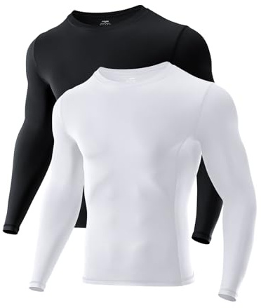 Niksa Men's Compression Long Sleeve T Shirt Muscle Fit Gym Top, 1 or 2 Packs Breathable Quick Dry Base Layer for Running Training Cycling Work, Slim Crew Neck Active Wear Clothes