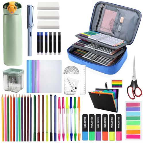 SI SEN 59 teiliges Schulsachen Set,Schulsachen mit Mäppchen,Bleistifte, Stifte, Marker, Radiergummis, Notizbücher, Ordner,Aesthetic School Stuff für Teenager Mädchen Stationery Sets