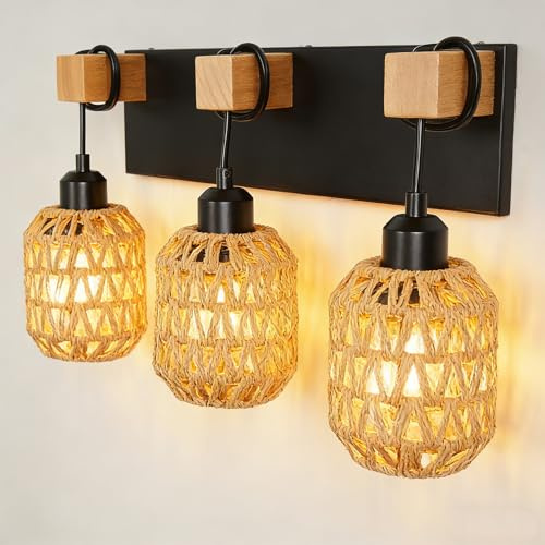 WILON Wandleuchte Holz E27, 3 Flammig Vintage Boho Wandlampe Innen, Retro Rattan Wandlampe, Industrial Wandleuchte aus Metal für Badezimmer Wohnzimmer Schlafzimmer Flur Esszimmer Treppenhaus