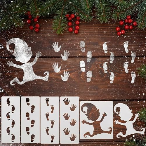 Fesnova 6 Stück Weihnachten Wichtel Tür Zubehör Zeichenschablonen, Wichtel Schablone Kunststoff, Fußabdrücke, Handabdruck, für Weihnachtsdeko, Bodendekoration