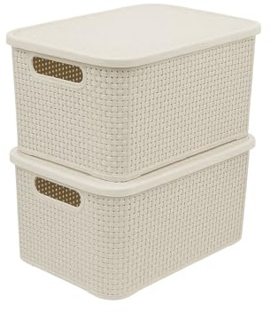 Set of 2 BPA Free Rattan Storage Boxes with Lid, Durable Plastic Organiser Baskets for Home, Kitchen, Bathroom & More (Cream, 19 Litre)