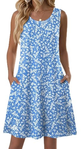 Zeagoo Women's Summer Dress Sleeveless Floral Cute Petite Dress Aline Swing Shift Dress Cotton Round Neck Mini Flare Beach Sundress with Pockets