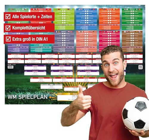 WM 2026 Spielplan Pro Edition DIN A1 (84,1 x 59,4 cm) - Fußball WM 2026 Wandposter zum Eintragen, alle Spiele mit Uhrzeit & Spielort, 250 g Papier