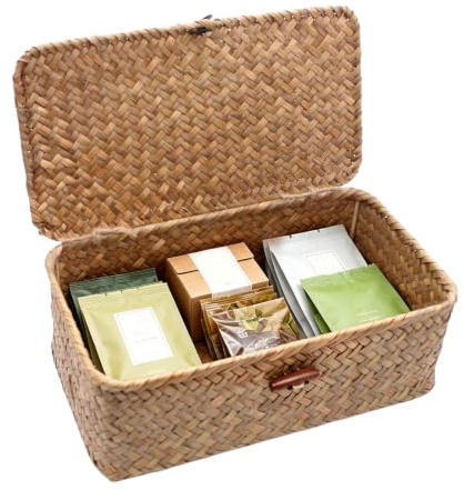 CFKJHAN Seegras Korb mit Deckel Klein Aufbewahrungskorb 23 × 13 × 8,5 cm | Rechteckig Rattan Korb mit Deckel, Mehrzweck Aufbewahrungskörbe für Schlafzimmer Wohnzimmer Badezimmer