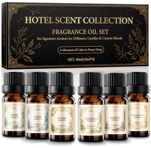 Set d’Huiles Parfumées Inspirées des Hôtels, 6 x 10 ml Huiles Aromatiques pour Diffuseur, Maison, Spa, Fabrication de Savons et Bougies DIY, Parfums d’Ambiance aux Notes Chaleureuses, Idée Cadeau