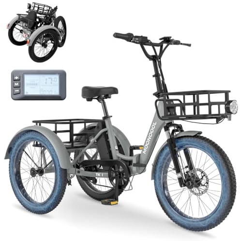 MOONCOOL Elektro Dreirad Erwachsene, Klappbar 20 E-Bike Fatbike mit Großen Körbe, Geschwindigkeit 25 km/h, 36V 20AH Akku & 250W Motor 45 Nm, 3 Fahrmodi E-Trike für Herren Damen