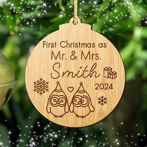 First Christmas as Mr and Mrs Decoration Bauble Personalised Xmas Tree Ornament Married Wood Tree Bauble For 1st Wedding Gifts Keepsake For Him Or Her Hand Finished in UK(Round 1)