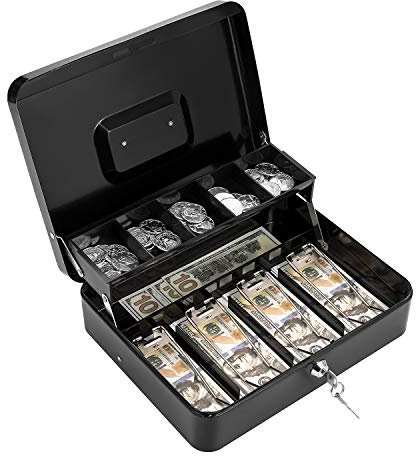Goehiaul Geldkassette mit Schloss Schlüssel und Geldtablett Große Spardose für Bargeld Metallschloss Box für Geld 30.0 cm x 23.9 cm x 9.0 cm Schwarz