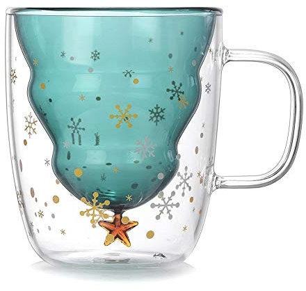 Easy-topbuy Glass Mugs Weihnachtsbecher 250ML, Innovative Glas Weihnachtsbaum Cup mit Griff, Hitzebeständiger Becher Doppelschichtbecher Tasse, -20 ° C - 130 ° C