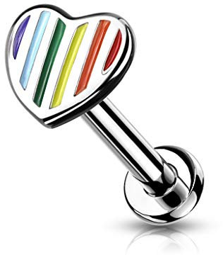 BlackAmazement 316L Edelstahl Piercing Labret Monroe Cartilage Tragus Helix Ohrstecker Herz Regenbogen Streifen Heart Rainbow Stripes Silber Mehrfarbig Damen (Stablänge 6 mm)