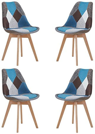 EGOONM 4er Set skandinavischen Esszimmerstühlen, gepolstert, Retro-Stühle, für Küche/Bürostuhl mit Beinen aus massivem Buchenholz (Blau)