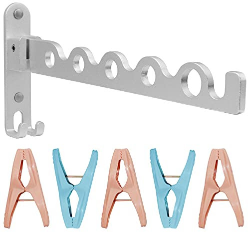 QIQN Kleiderhaken Klappbar Kleiderlüfter Wandkleiderhaken für Wohnzimmer Bad Balkon mit 5PC Clips, Silber
