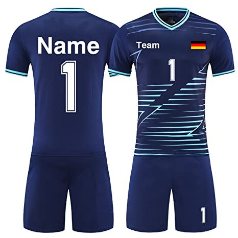 HDSD Personalisiertes Trikot Kinder Erwachsene Fussball Trikots & Shorts mit GRATIS Name + Nummer Team Logo Fußballtrikot (Saphirblau)