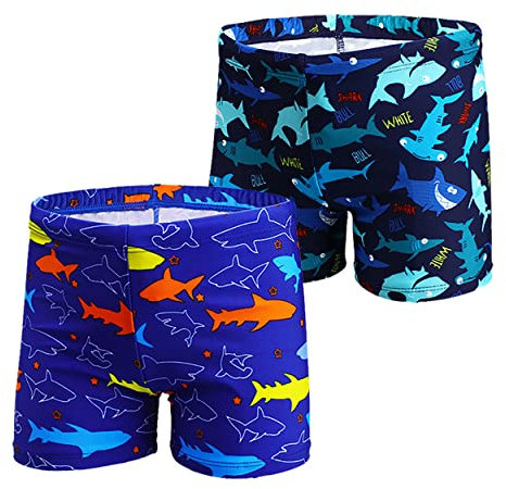 NautySaurs Lot de 2 maillots de bain pour garçons de 1 à 11 ans - Motif dinosaure et requin, Bleu roi requin + bleu marine, 6-8 ans