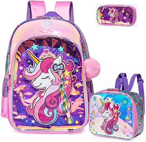 Egchescebo Kinder-Rucksack für Mädchen, Reisen, Schule, niedliches Mädchen, durchsichtig, mit Plüsch-Lunchbox-Taschen, Pink-djs-sb, 17, Rucksack Rucksäcke