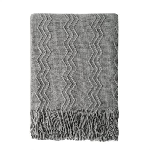 BOURINA Knitted Textured Throw Soft Sofa Blanket Dark Grey 152x203cm | Soft textured solid knit fabric, decorative home throw, multi-use for sofa couch bed, lightweight warm, neutral home decor
