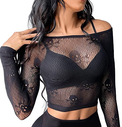 Buitifo Mujeres Sexy Crop Top Malla Ropa de Dormir Cráneo Festival Disfraz Lencería Camisetas