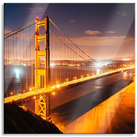 Pixxprint Glasbild, Wandbild auf Echtglas, Golden Gate Bridge bei Nacht, 50x50 cm, inkl. Aufhängung und Abstandshalter